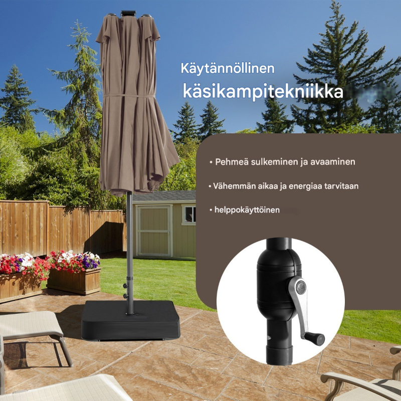 Kaksipuolinen ruskea terassivarjo aurinkopaneelilla ja LED-valoilla