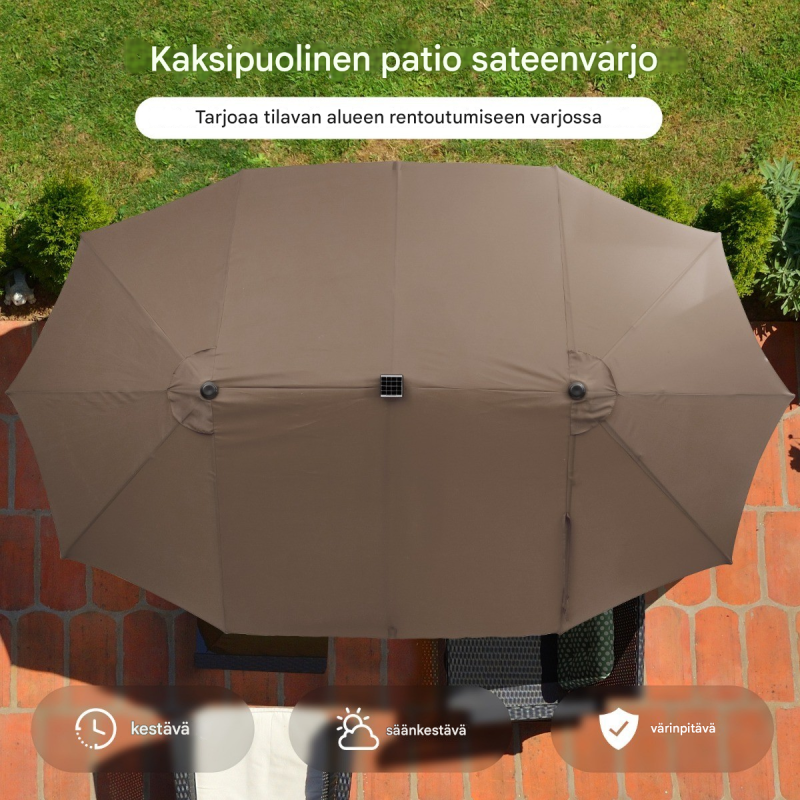 Kaksipuolinen ruskea terassivarjo aurinkopaneelilla ja LED-valoilla