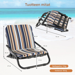 Kokoontaitettavat siniset rantatuolit tyynyillä ja olkahihnalla