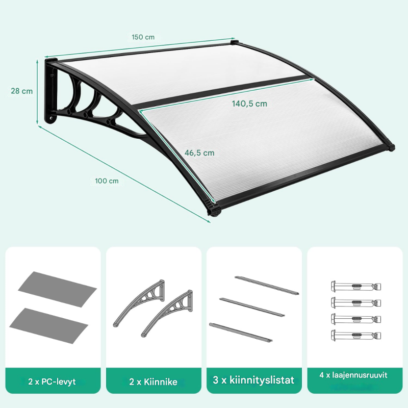 Harmaa säänkestävä katos 150x100 cm oville ja ikkunoille