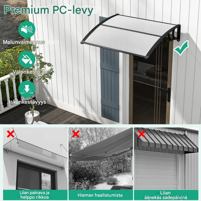 Harmaa säänkestävä katos 150x100 cm oville ja ikkunoille