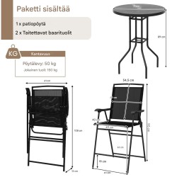 Bistrosetti musta ulkokäyttöön: pöytä, 2 taittotuolia, varjon reikä