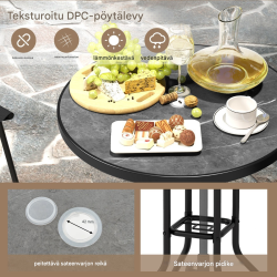 Bistrosetti musta ulkokäyttöön: pöytä, 2 taittotuolia, varjon reikä