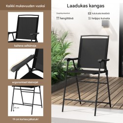 Bistrosetti musta ulkokäyttöön: pöytä, 2 taittotuolia, varjon reikä