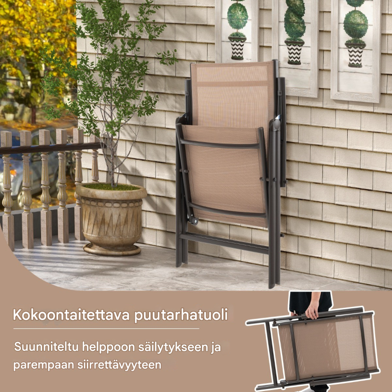 Säädettävä ruskea taitettava ulkotuoli korkealla selkänojalla