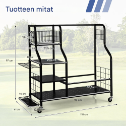 Monikäyttöinen musta golfjärjestelijä pyörillä ja koukuilla