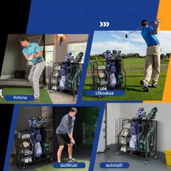 Monikäyttöinen musta golfjärjestelijä pyörillä ja koukuilla