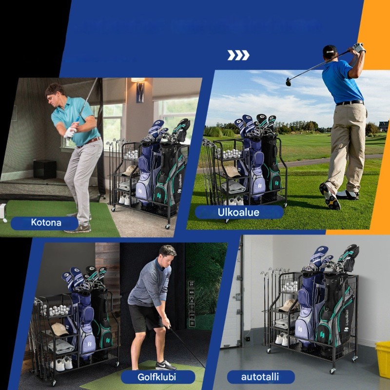 Monikäyttöinen musta golfjärjestelijä pyörillä ja koukuilla