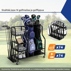 Monikäyttöinen musta golfjärjestelijä pyörillä ja koukuilla
