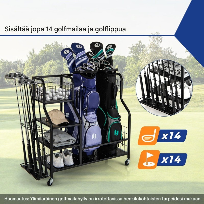 Monikäyttöinen musta golfjärjestelijä pyörillä ja koukuilla