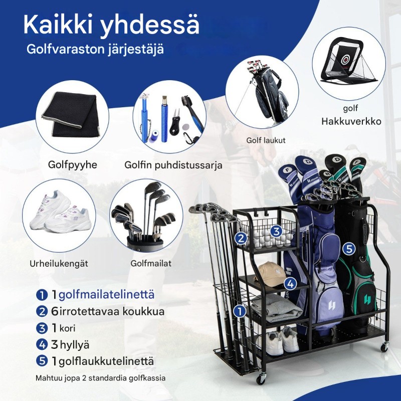 Monikäyttöinen musta golfjärjestelijä pyörillä ja koukuilla