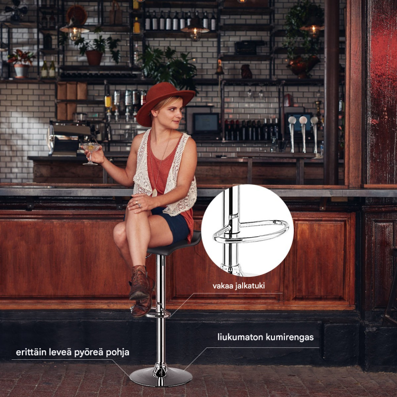 Korkeussäädettävä musta baarijakkara 2 kpl, 360° kääntyvä