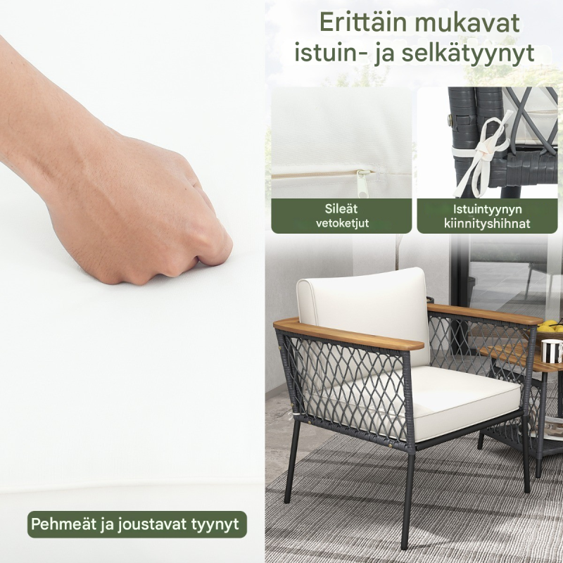 Kolmen osan valkoinen rottinkinen puutarhakalustesetti ulkokäyttöön