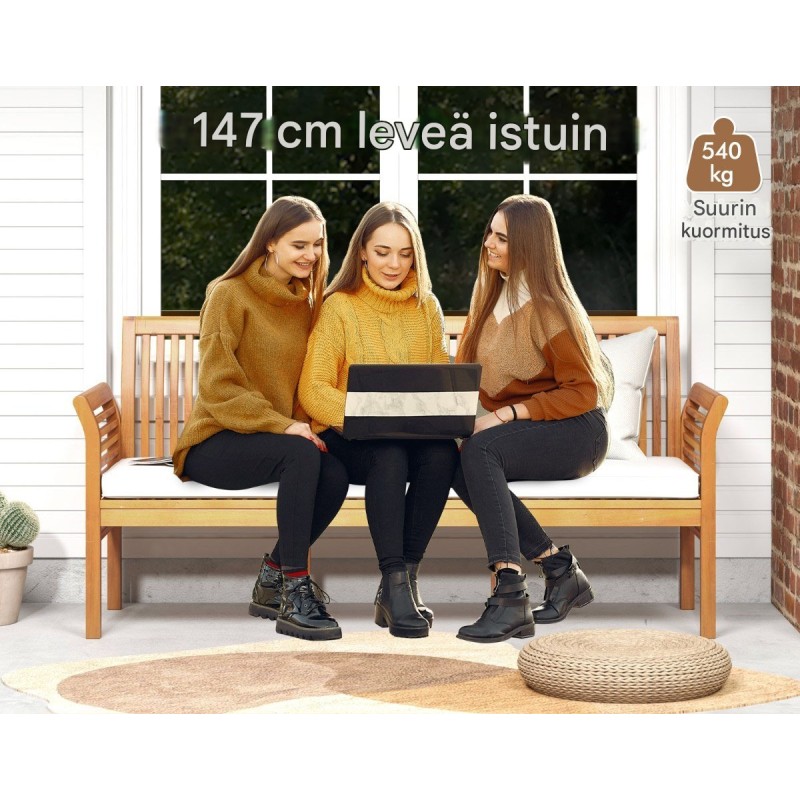Valkoinen ergonominen terassipenkki akaasiapuusta kolmelle henkilölle