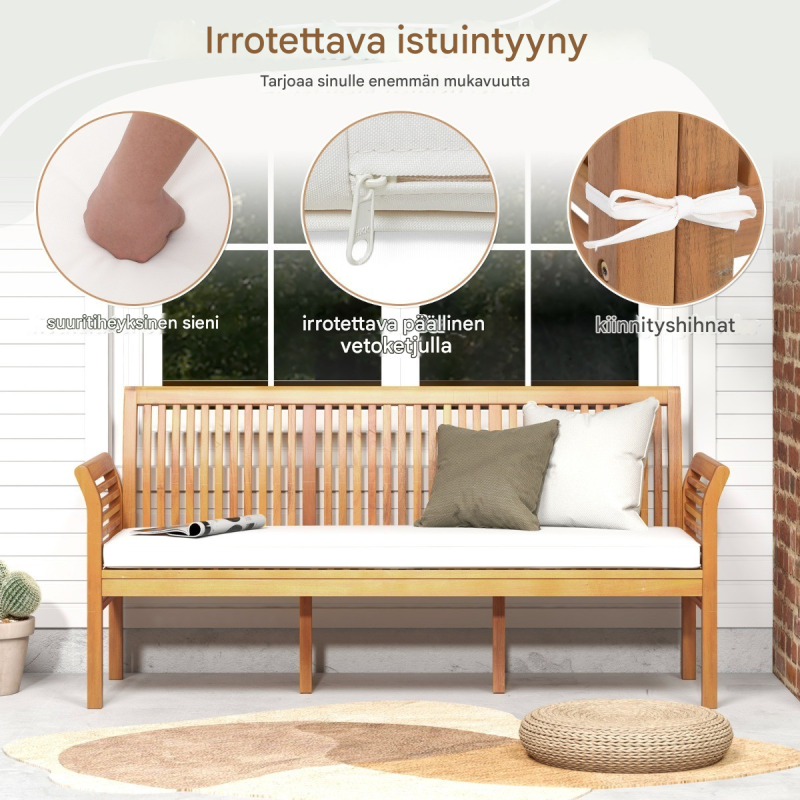 Valkoinen ergonominen terassipenkki akaasiapuusta kolmelle henkilölle