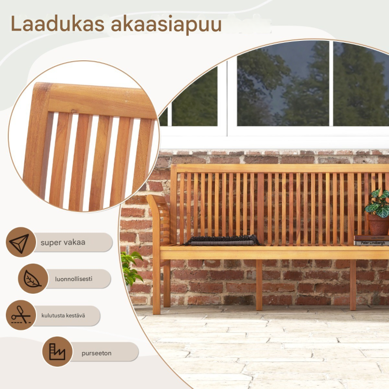 Valkoinen ergonominen terassipenkki akaasiapuusta kolmelle henkilölle