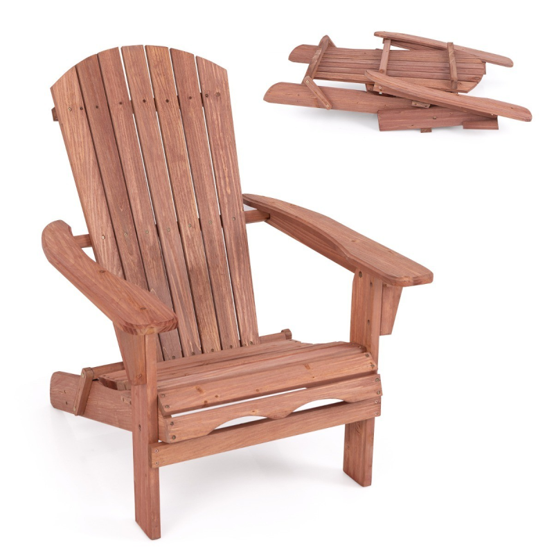 Taitettava ruskea adirondack-puutuoli ulkokäyttöön ergonomisella muotoilulla