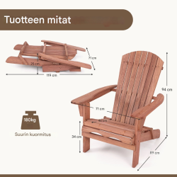 Taitettava ruskea adirondack-puutuoli ulkokäyttöön ergonomisella muotoilulla