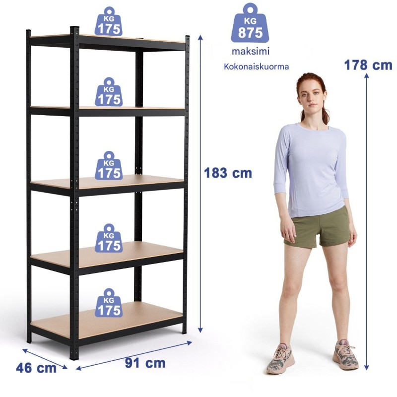 Musta 5-tasoinen metallihylly säädettävillä korkeuksilla