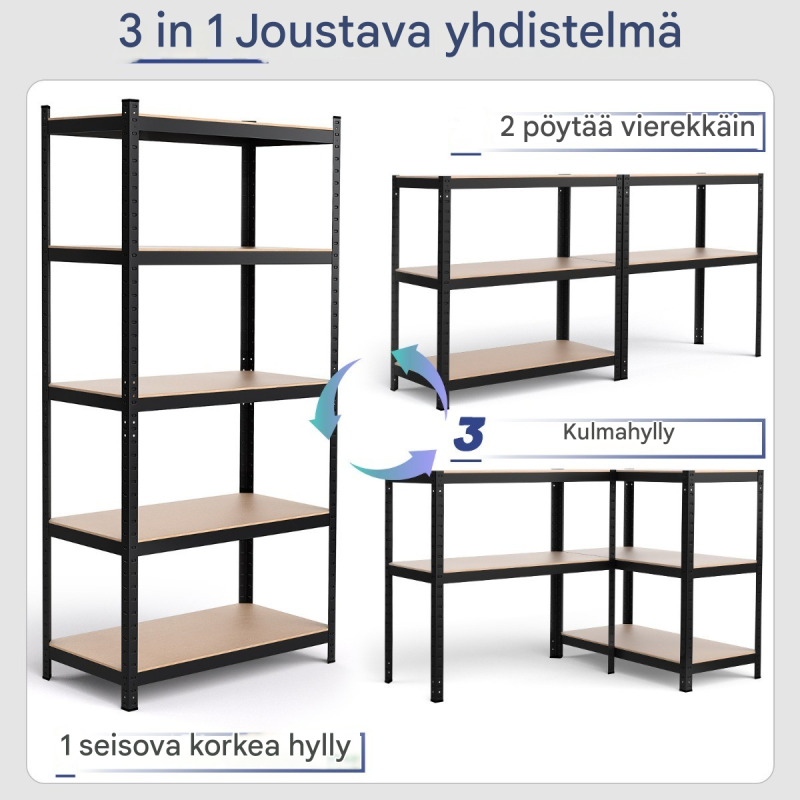 Musta 5-tasoinen metallihylly säädettävillä korkeuksilla