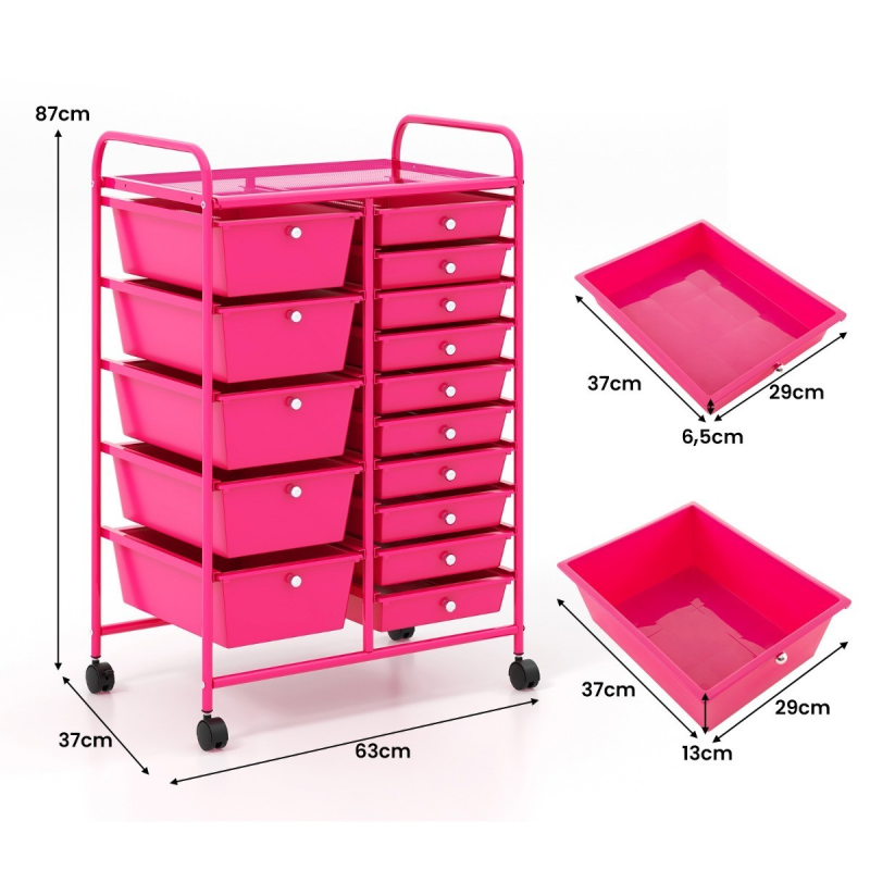 Monikäyttöinen siirrettävä laatikosto 15 laatikolla ja metallirungolla, vaaleanpunainen