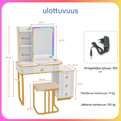 Valkoinen meikkipöytä LED-valaistuksella ja säilytystilalla