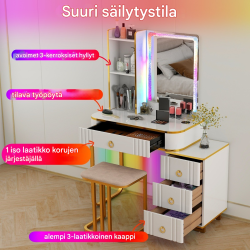Valkoinen meikkipöytä LED-valaistuksella ja säilytystilalla