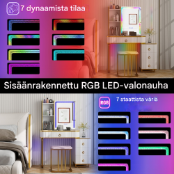 Valkoinen meikkipöytä LED-valaistuksella ja säilytystilalla
