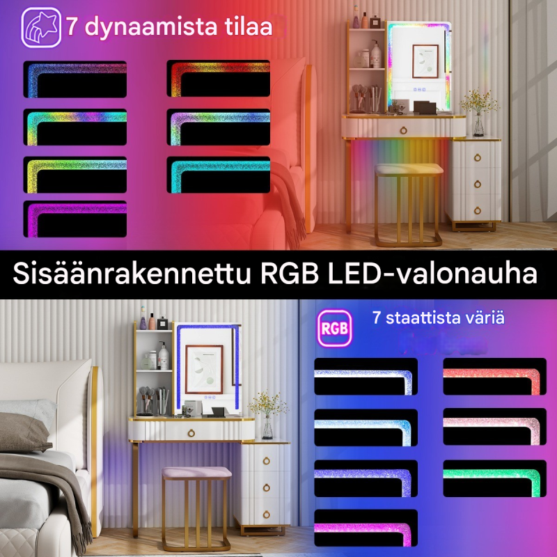 Valkoinen meikkipöytä LED-valaistuksella ja säilytystilalla