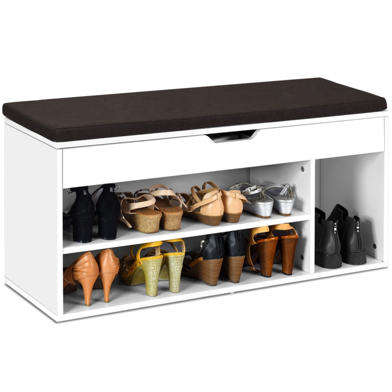 Harmaa monikäyttöinen kenkäpenkki säilytystilalla ja istuinpehmusteella