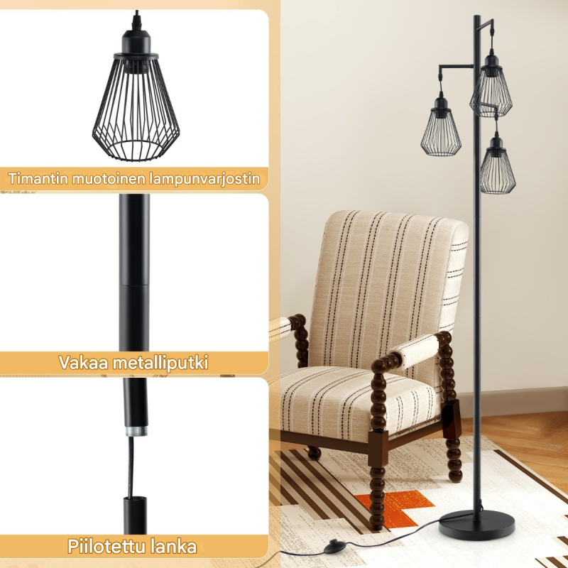 Moderni musta lattiavalaisin kolmella häkkivarjostimella