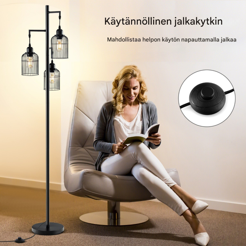 Moderni musta lattiavalaisin kolmella häkkivarjostimella