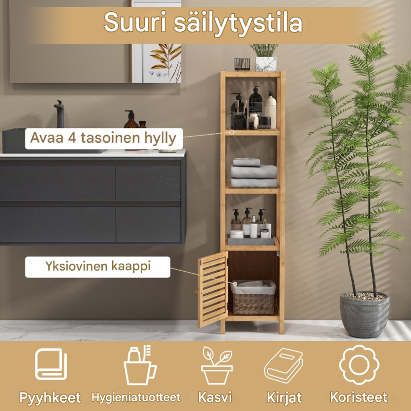 Bambukaappi 4 hyllyä lamelliovella luonnollinen sävy Bambukaappi 4 hyllyä lamelliovella luonnollinen sävy