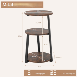 Kaksiosainen pyöreä sivupöytä metallirungolla ja säädettävillä jaloilla