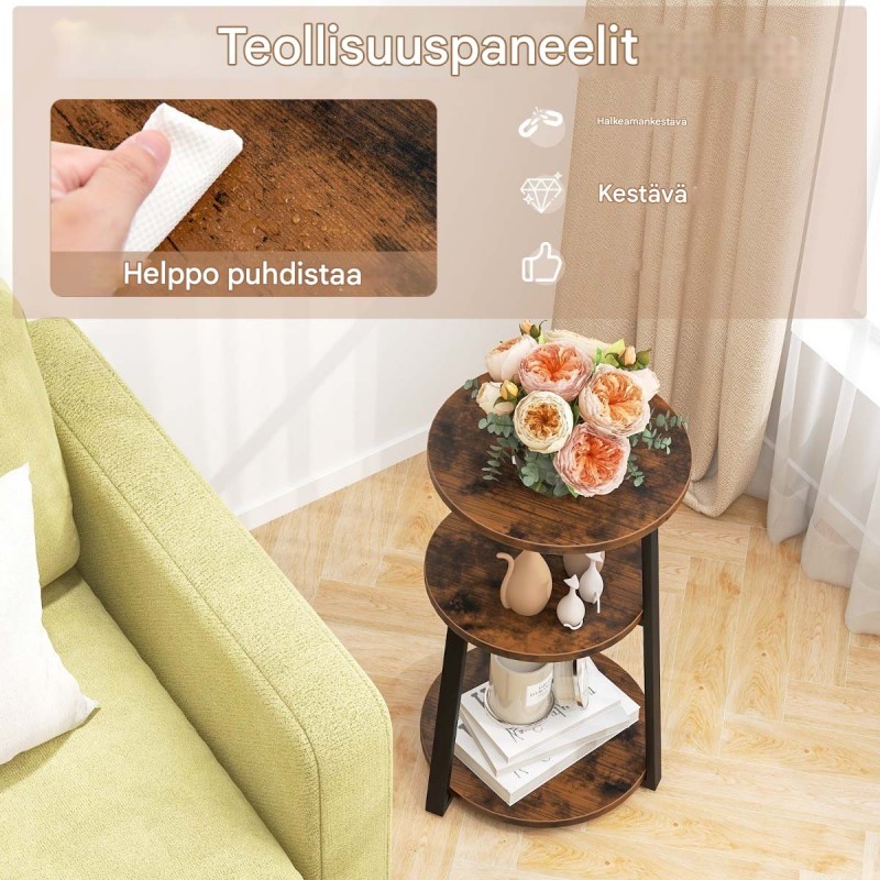 Kaksiosainen pyöreä sivupöytä metallirungolla ja säädettävillä jaloilla