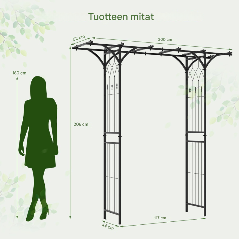 Metallinen puutarhakaari kiipeilykasveille musta 200x52x206 cm