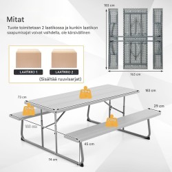 Kokoontaitettava musta piknikpöytäsetti kahdella penkillä ulkokäyttöön