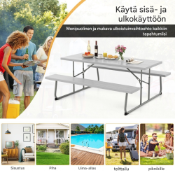 Kokoontaitettava musta piknikpöytäsetti kahdella penkillä ulkokäyttöön