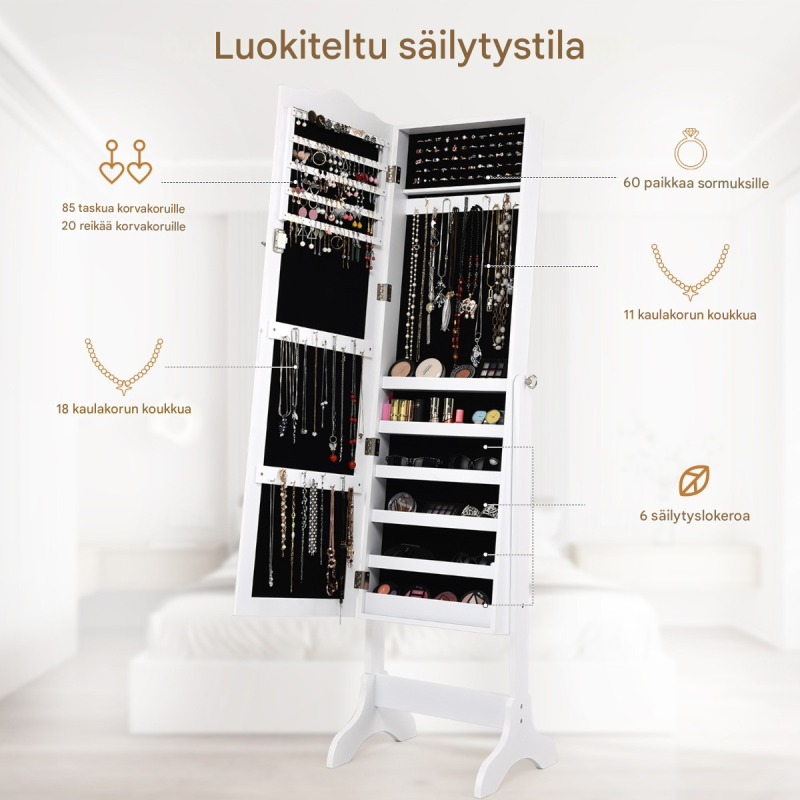 Lukittava musta korukaappi säädettävällä peilillä ja jalustalla