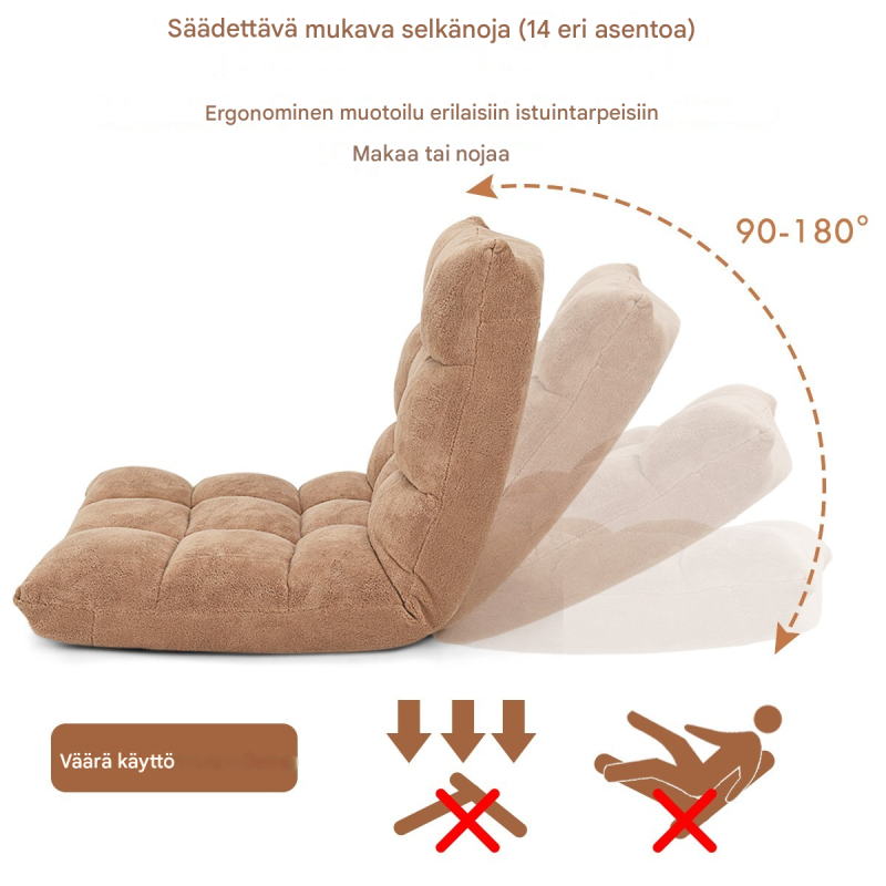 Beige säädettävä lattiatuoli selkänojalla ja koralliflanellilla