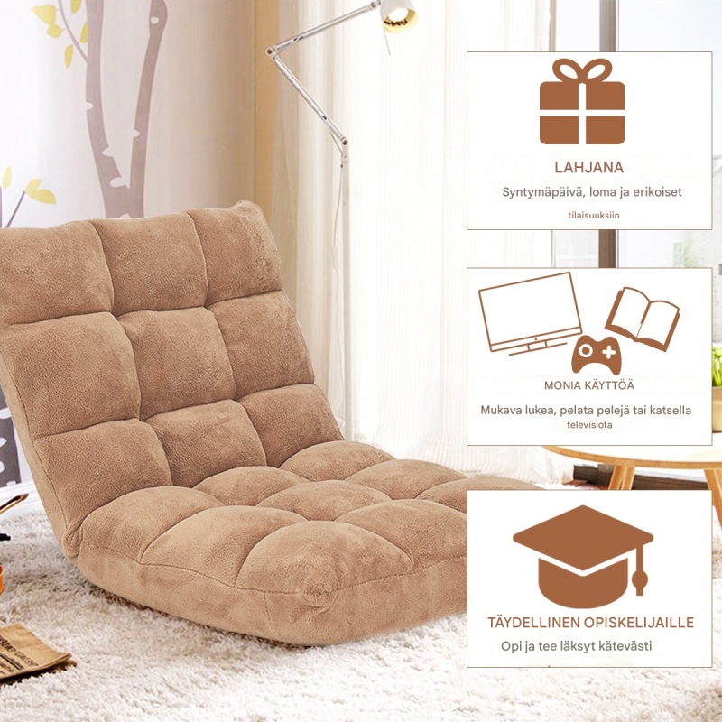 Beige säädettävä lattiatuoli selkänojalla ja koralliflanellilla