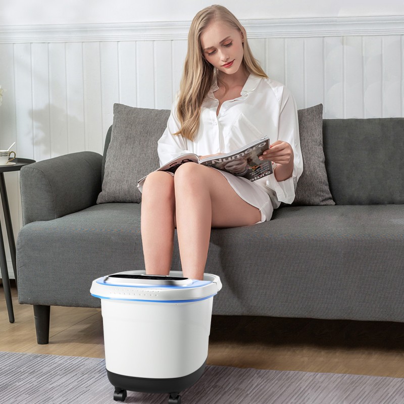 Sininen shiatsu-jalkakylpylaite hierontarullilla ja suihkutoiminnolla