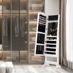 Lukittava valkoinen korukaappi peilillä ja säädettävällä kulmalla