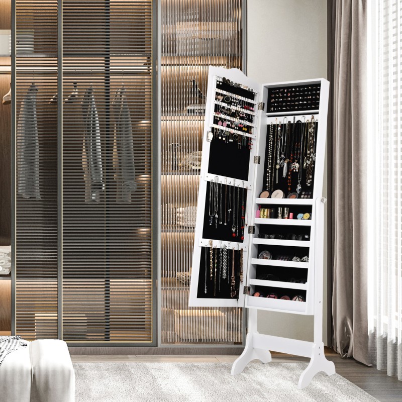 Lukittava valkoinen korukaappi peilillä ja säädettävällä kulmalla