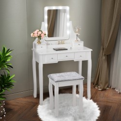 Valkoinen meikkipöytäsetti peilillä ja jakkaralla 5 laatikkoa