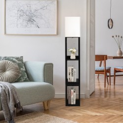 Moderni musta lattiavalaisin säilytystilalla ja USB-latausmahdollisuudella