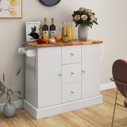 Liikuteltava valkoinen keittiösaareke kumipuusta säädettävillä hyllyillä