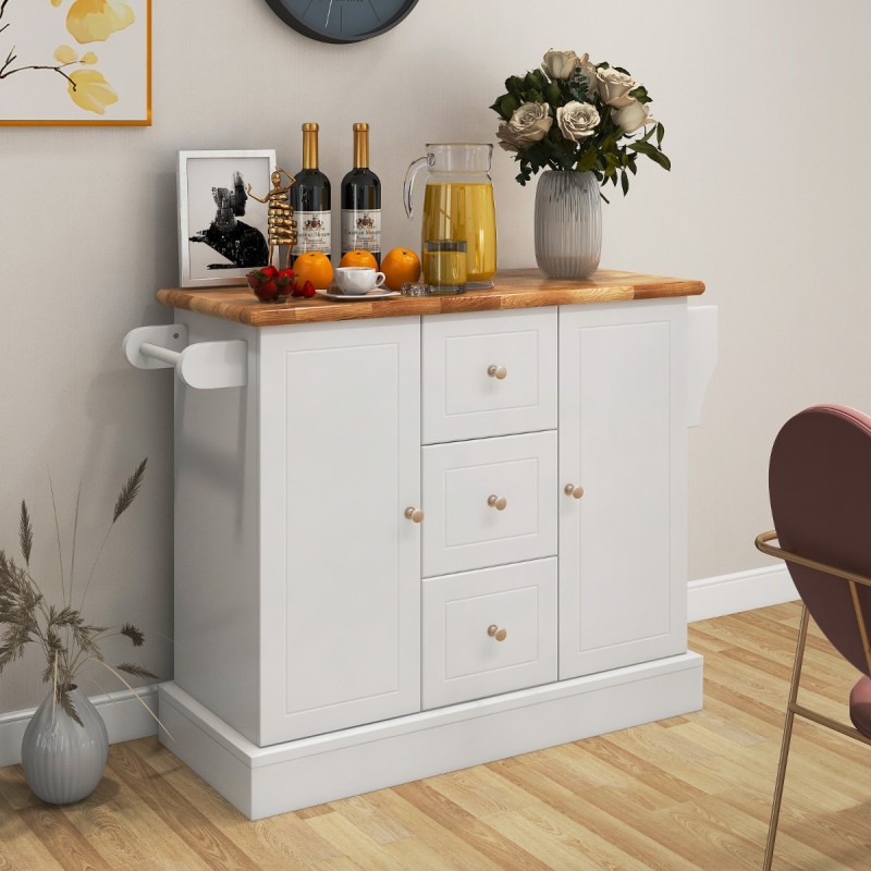 Liikuteltava valkoinen keittiösaareke kumipuusta säädettävillä hyllyillä