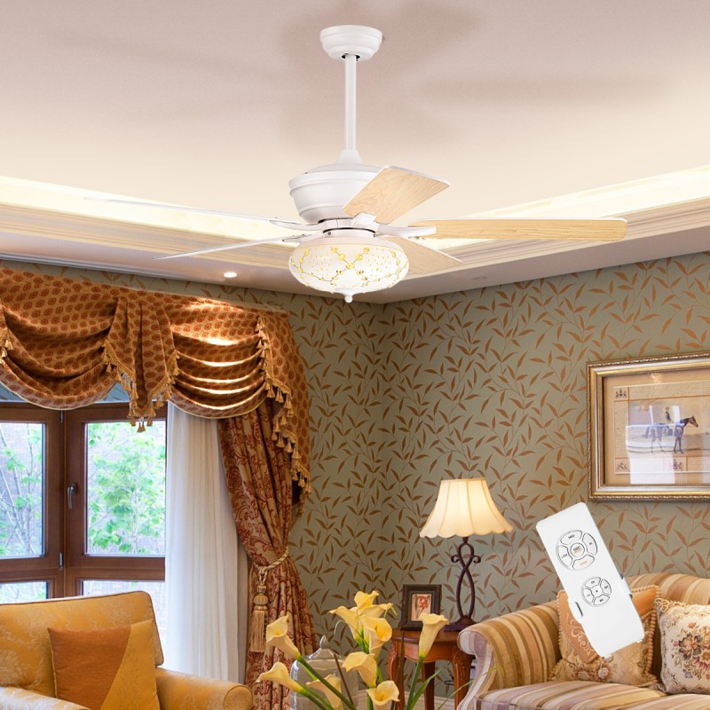 Valkoinen retro kattotuuletin valolla ja kaukosäätimellä