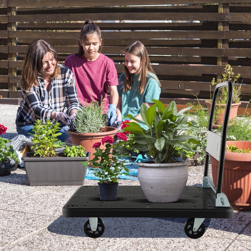 Kokoontaitettava musta alustanvaunu 350 kg kantavuudella ja pyörillä